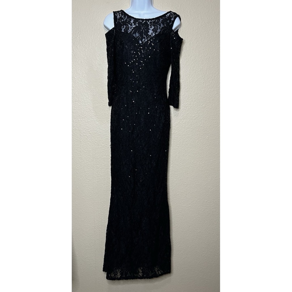 Marina Dress Long Black Stretch Lace Sequins Wedding Party Cruise Prom‎ Size 4